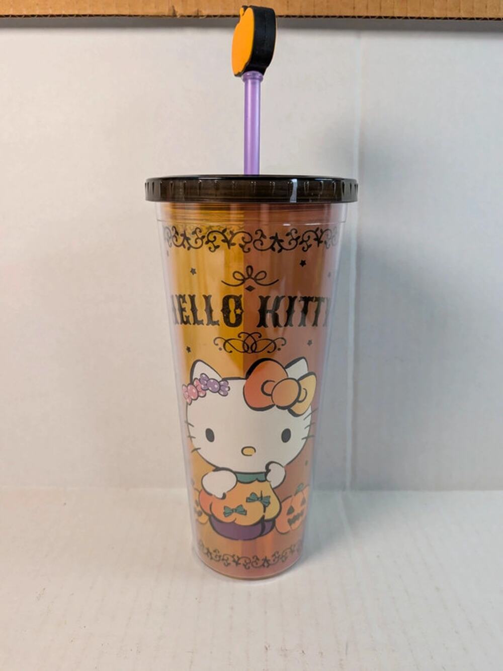 NEW Hello Kitty Halloween Pumpkin Tumbler Cup 24oz Purple Straw Topper Sanrio